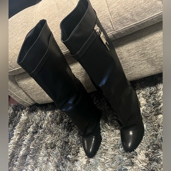 NEW IN BOX Black Fold Over Wedge Heel Wide Calf Pull On Knee High Boots Size 10 - Picture 11 of 16